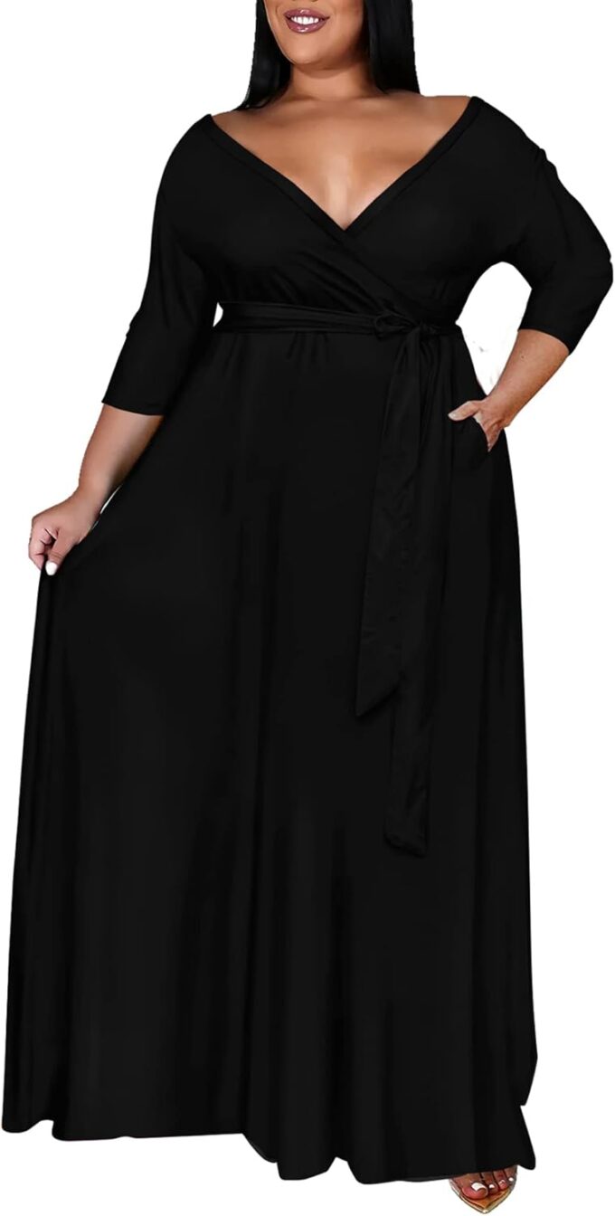 Runwind Plus Size Dress for Women - 3/4 Sleeve V Neck Printing Maxi Dresses for Women （XL-6XL） – Bild 2