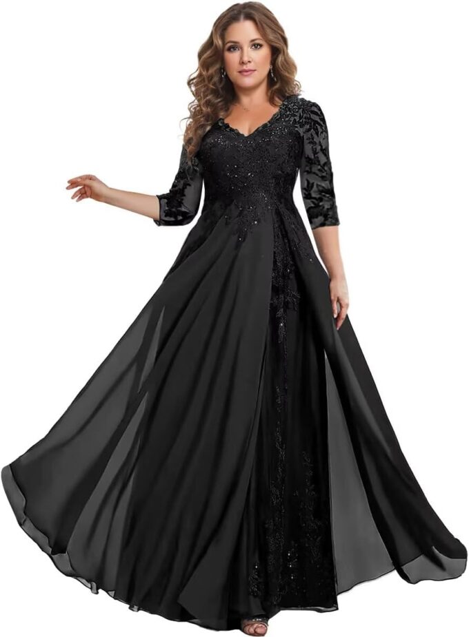 3/4 Sleeve Mother of The Bride Dresses for Women Long Chiffon Lace V Neck Sparkly Formal Wedding Guest Gown