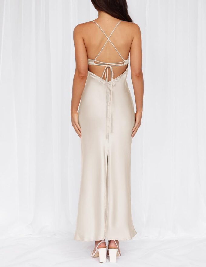 Summer Sexy Satin Spaghetti Strap Maxi Dress for Women Backless Sleeveless Slit Tie Back Cocktail Dresses Wedding Guest – Bild 5