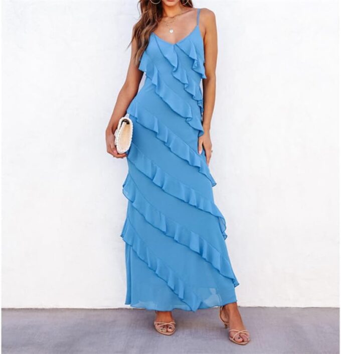 Women Summer Elegant Sling Midi Ruched Bodycon Dress Solid Color Backless Slim Party Cocktail Dresses – Bild 2