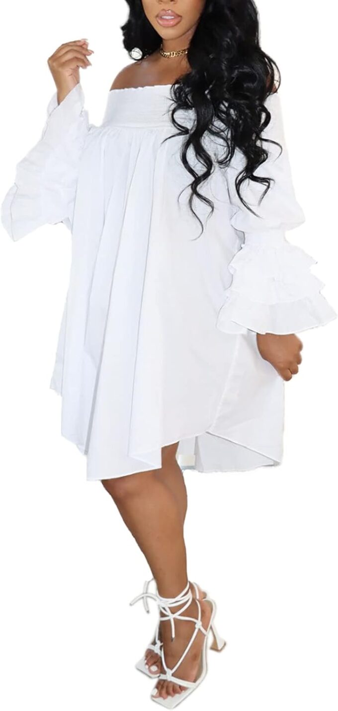 MESLIMA Women's Casual Plus Size Shirred Off Shoulder Bell Long Sleeve Ruffle Loose Irregular Hem Midi Dress