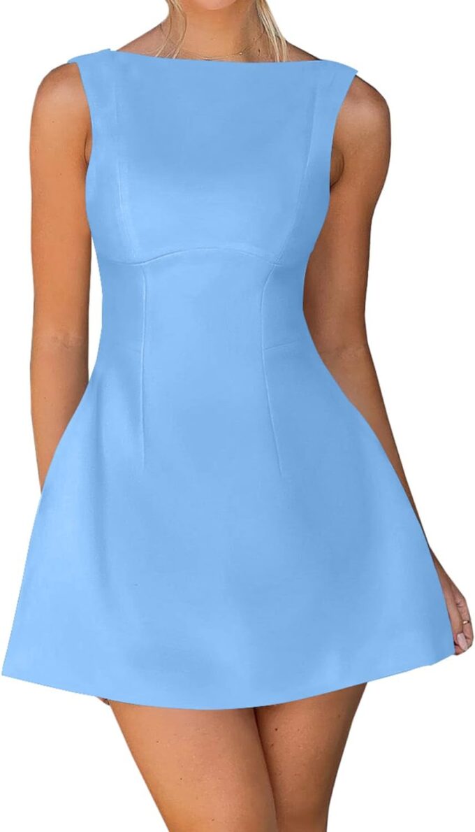 OWIN Women’s Summer Casual Boat Neck Sleeveless Elegant Flared A Line Swing Club Cocktail Party Short Mini Dress