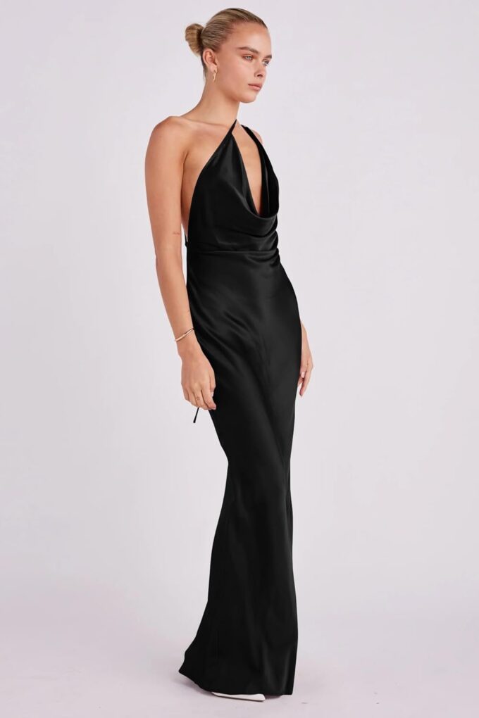 Memoriesea Women's Low Cut Cowl Neck Open Back Tie Up Cocktail Party Maxi Dress – Bild 5