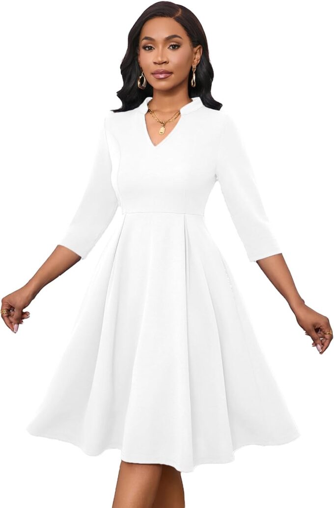 Max2co Midi Dresses for Women Semi Formal Fit and Flare A-Line Swing Dress 3/4 Sleeve Church Cocktail Dress with Pockets