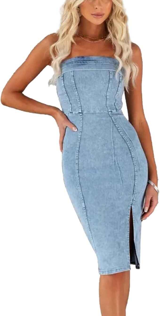 utcoco Denim Dress for Women Strapless Sleeveless Side Slit Sexy Skinny Bodycon Midi Jean Tube Dresses for Women