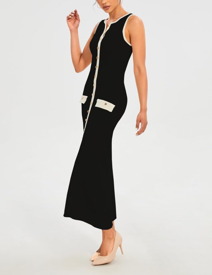 Womens Knit Maxi Dress Sleeveless Bodycon Ribbed Long Tank Dresses Elegant Button Down Workwear Dress – Bild 5