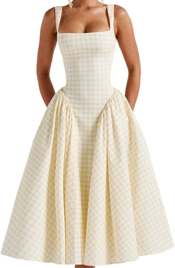 Summer Gingham Long Dress Corset Square Neck Lace Up Casual Sundress Backless A Line Short Dresses for Women
