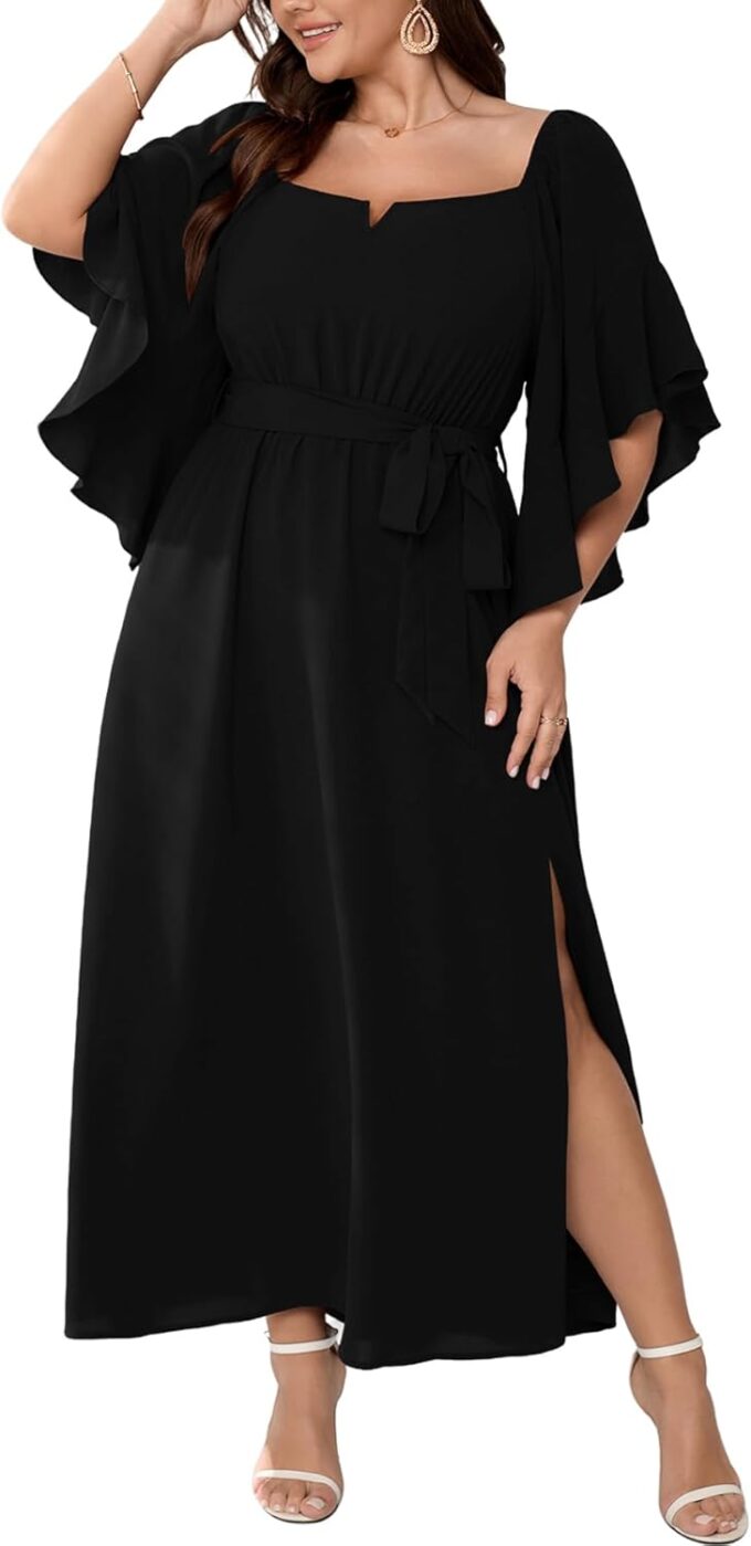 SCOMCHIC Women Plus Size Wedding Guest Maxi Dress Square Neck Ruffle 3/4 Sleeve Belted Slit A Line Formal Long Dresses