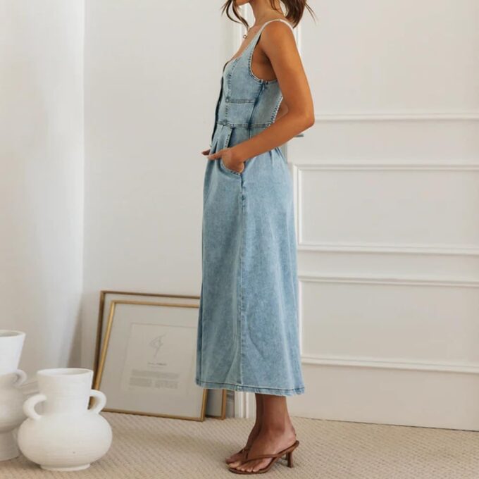Women's Summer Casual Button Down Denim Dress Sleeveless Slim Fit Midi A-Line Jean Dress – Bild 5