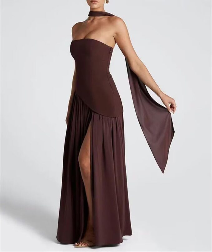 Strapless Bridesmaid Dresses with Scarf Long Maxi Dresses with Slit Satin Formal Evening Gowns PU285