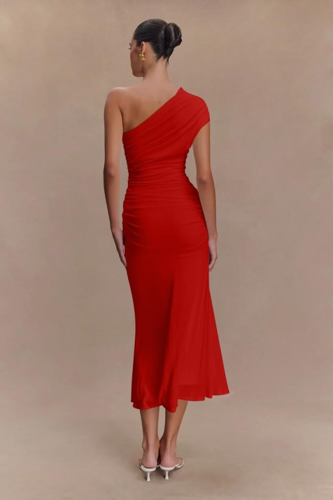 Memoriesea Women's Elegant One Shoulder Sleeveless Ruched Bodycon Cocktail Party Midi Dress – Bild 4