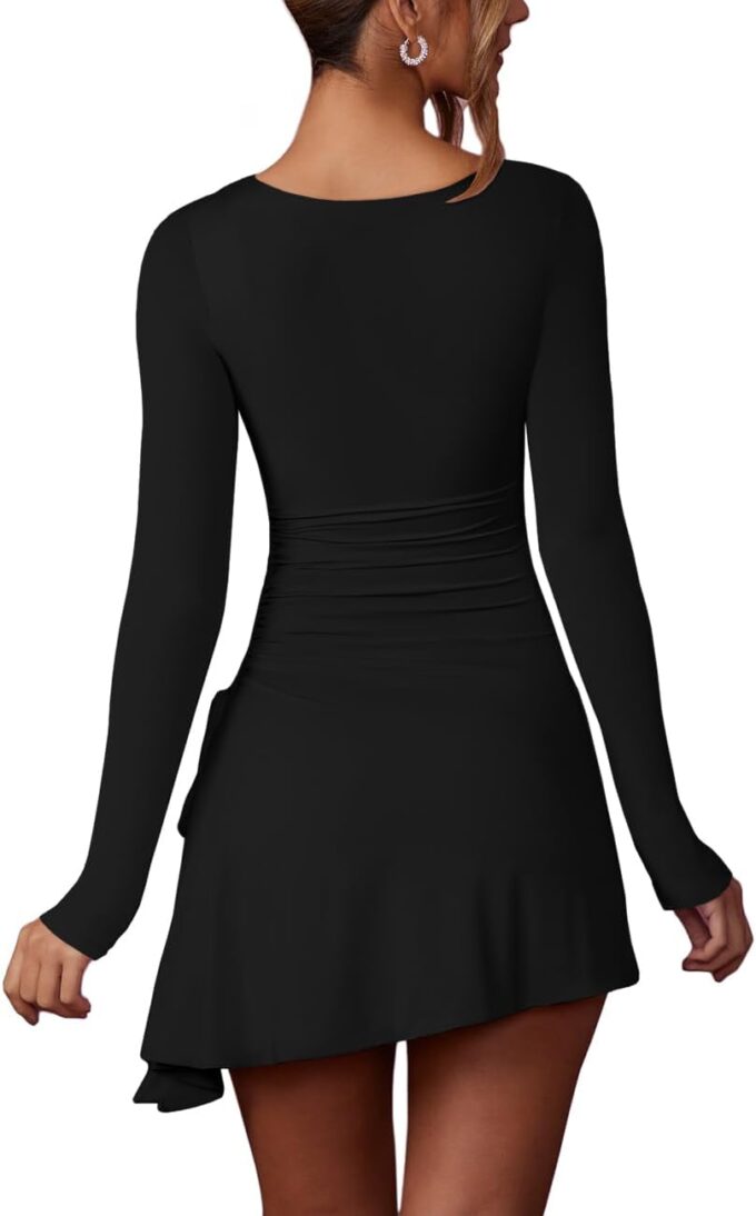 MAYFASEY Women's Sexy Square Neck Long Sleeve Drawstring Ruched Bodycon Mini Dress Club Party Short Dresses – Bild 5