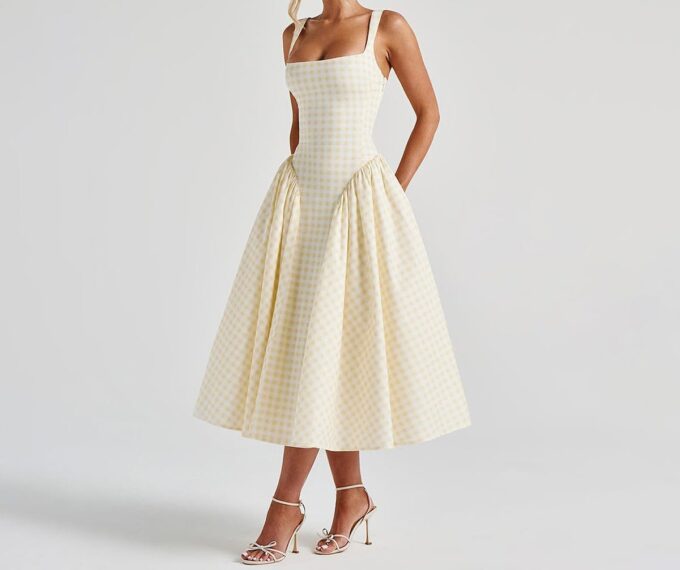 Summer Gingham Long Dress Corset Square Neck Lace Up Casual Sundress Backless A Line Short Dresses for Women – Bild 5