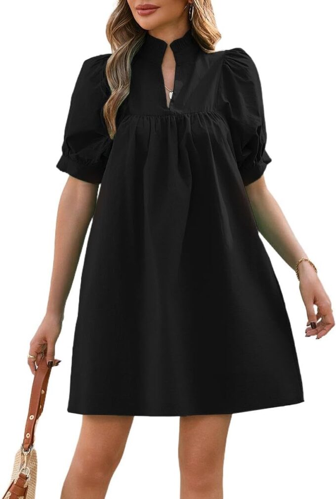 Women's Ruffle Collar High Neck Mini Dress Puff Short Sleeve Cotton Babydoll Peplum Dresses with Pockets