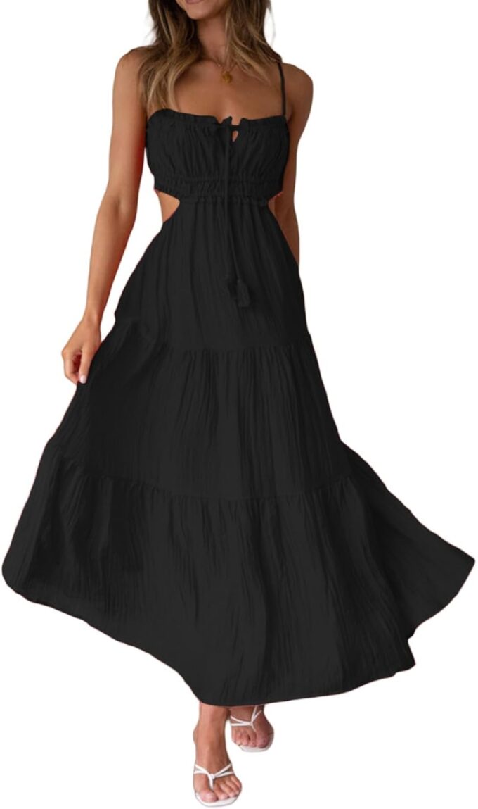 FEORJGP Womens Summer Boho Low Cut Backless Bodycon Midi Dress – Bild 2