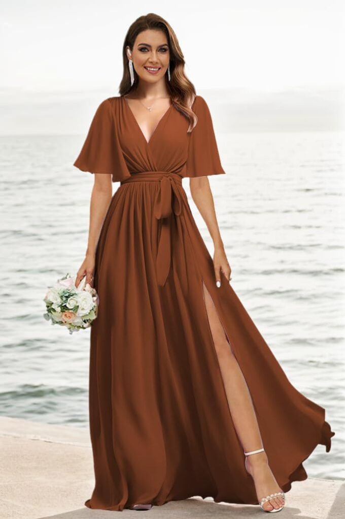 Flutter Sleeve Chiffon Bridesmaid Dresses Long with Pockets Slit V Neck Formal Dress for Women – Bild 4