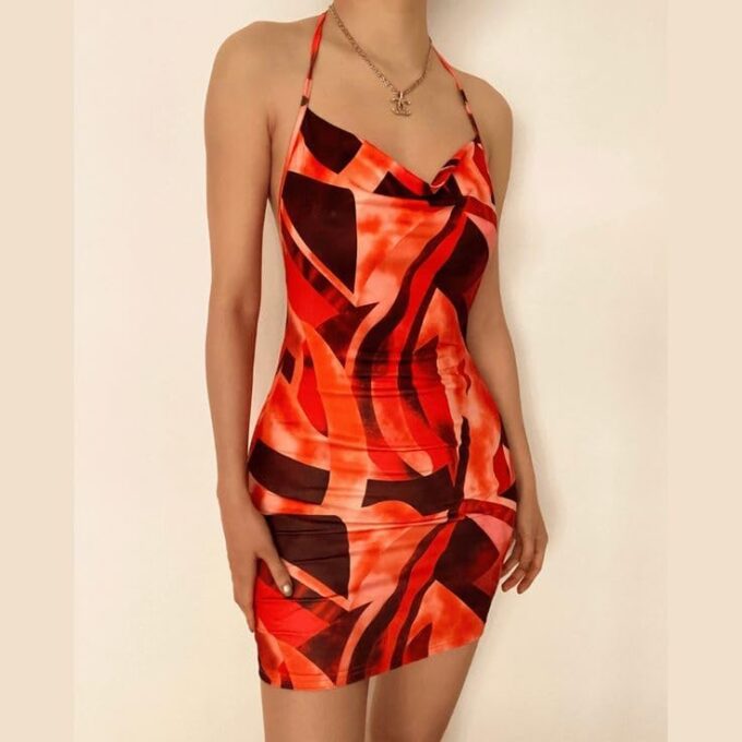 Fashion Print Slim Fit Halter Tie Sexy Backless Lady Elegant Party Dress – Bild 6