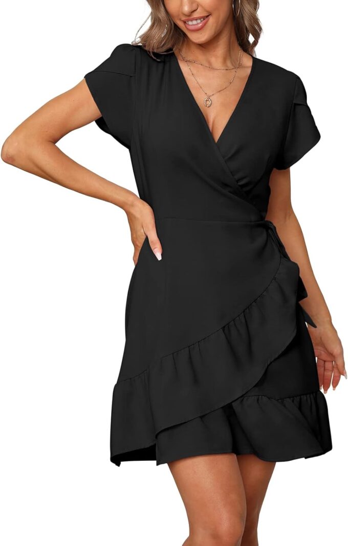SAMPEEL Summer V Neck Wrap Petal Sleeve Short Dress with Belt for Women – Bild 3