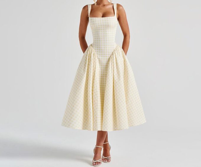 Summer Gingham Long Dress Corset Square Neck Lace Up Casual Sundress Backless A Line Short Dresses for Women – Bild 2