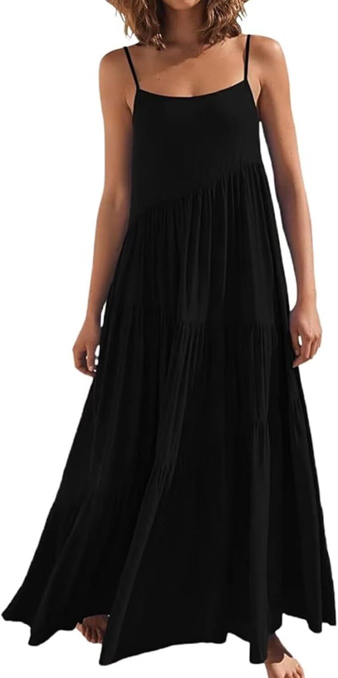 Womens Sundress Loose Sleeveless Strap Summer Casual Beach Vacation Long Dress for Women Solid Halter Dress