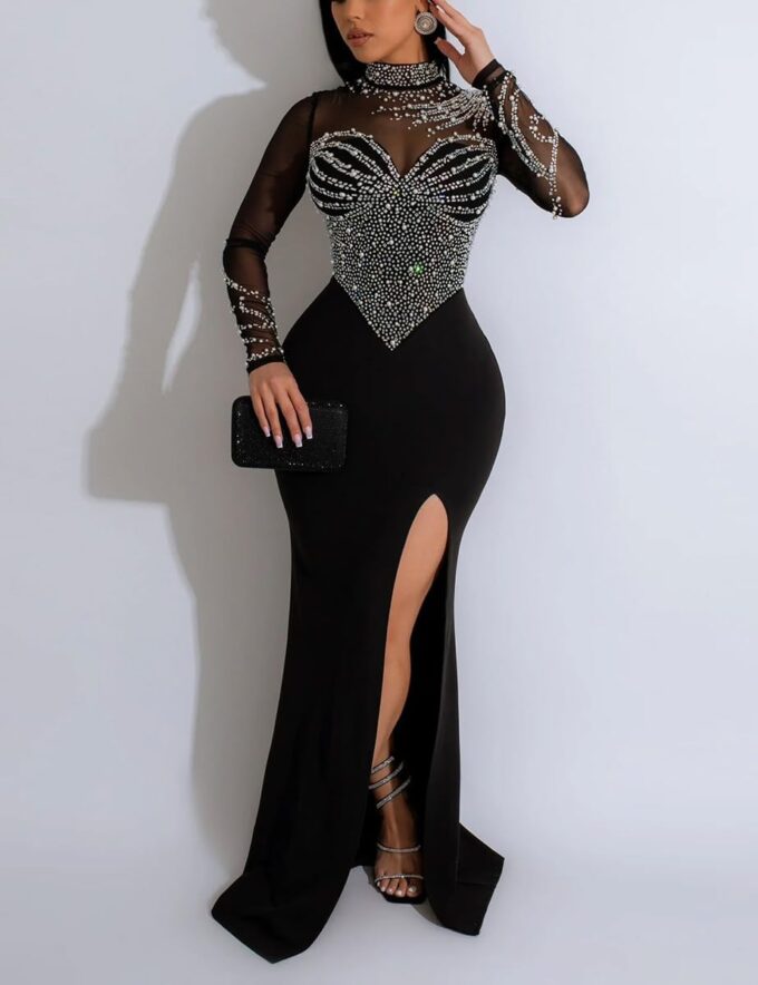WOKANSE Women's Formal Dresses Mock Neck Sexy Mesh See Through Long Sleeve High Slit Sparkly Rhinestone Prom Dress – Bild 3
