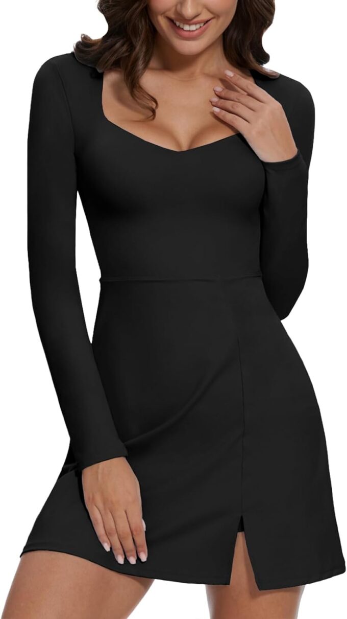 Wenlia Long Sleeve Dresses for Women 2025 Fall Women's Mini Bodycon Sweetheart Neckline Dress with Slit Built in Shorts