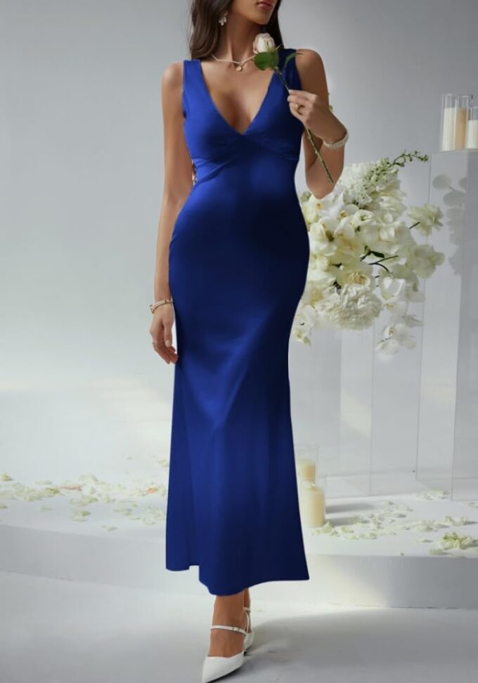 Womens Sexy V Neck Satin Silk Dress Sleeveless Formal Cocktail Prom Wedding Party Maxi Dresses – Bild 2