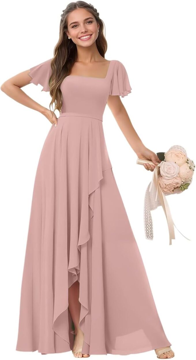 Square Neck Bridesmaid Dresses for Women Chiffon Flutter Sleeves Evening Formal Dress with Slit