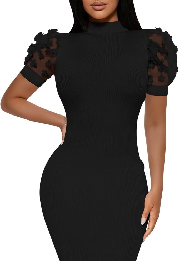 Annystore Women's Mesh See Through Sheer Dress Short Puff Sleeve Bodycon Dress Mock Neck Sexy Club Party Midi Dress Clubwear – Bild 2