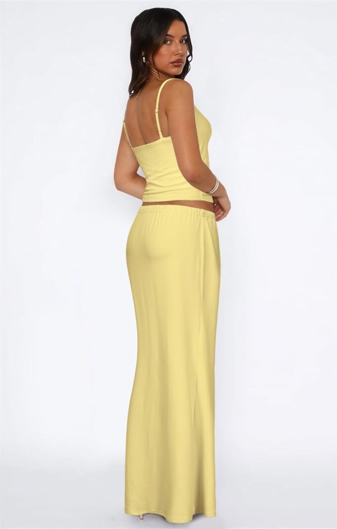Two Piece Skirt Set for Women - Sexy 2 Pc Sleeveless Spaghetti Strap Pleated Tank Top Maxi Long Skirts Sets – Bild 4