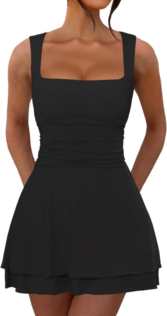 Women's Summer Ruffle Hem Square Neck Mini Dress Ruched Waist Short Party Dresses