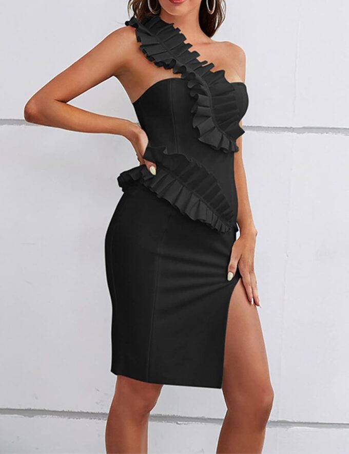 houstil Women's One Shoulder Wedding Guest Dress Side Split Bandage Bodycon Midi Cocktail Club Dresses – Bild 2