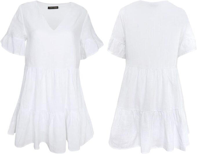 FANCYINN Women’s V Neck Cute Shift Dress with Pockets Bell Sleeve Ruffle Hem Loose Swing Summer Tunic Mini Dress – Bild 4