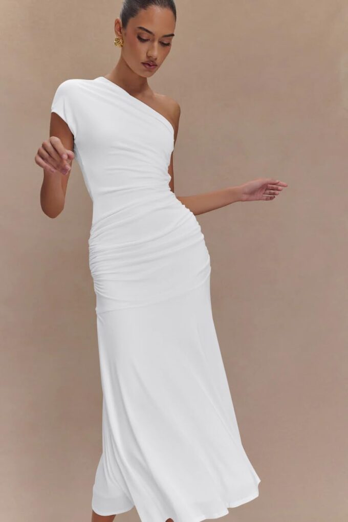 Memoriesea Women's Elegant One Shoulder Sleeveless Ruched Bodycon Cocktail Party Midi Dress – Bild 5