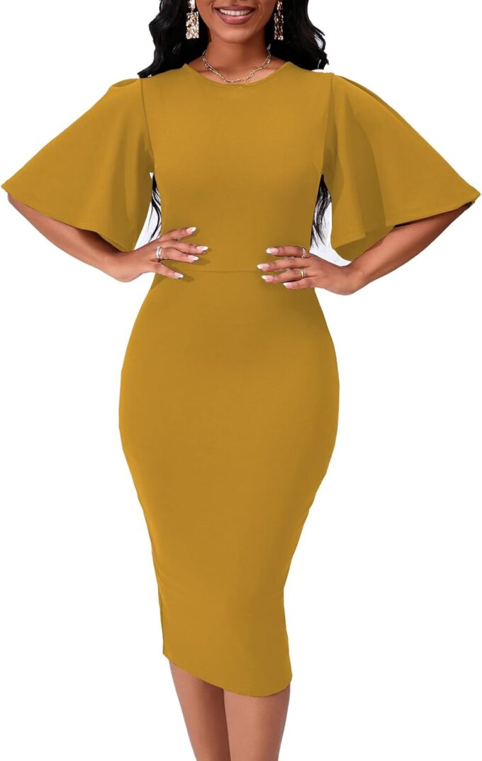 Women's Basic Bodycon Ruffle Flared Short Sleeve Pencil Midi Dress