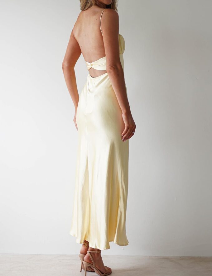 Satin Spaghetti Strap Backless Ruched Twist Cocktail Dresses for Women Silk Open Back Cut Out Midi Dress Wedding Guest – Bild 3