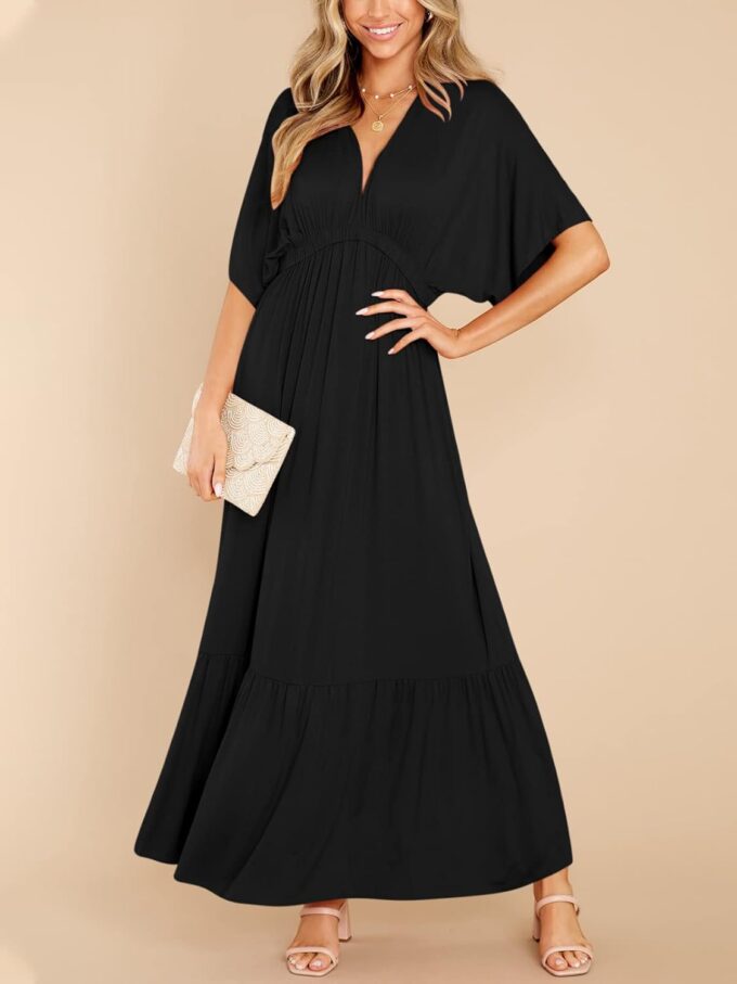 DEEP SELF Women’s Summer V Neck Batwing Short Sleeve Maxi Dress Casual Loose High Waist Flowy Long Beach Dress – Bild 3