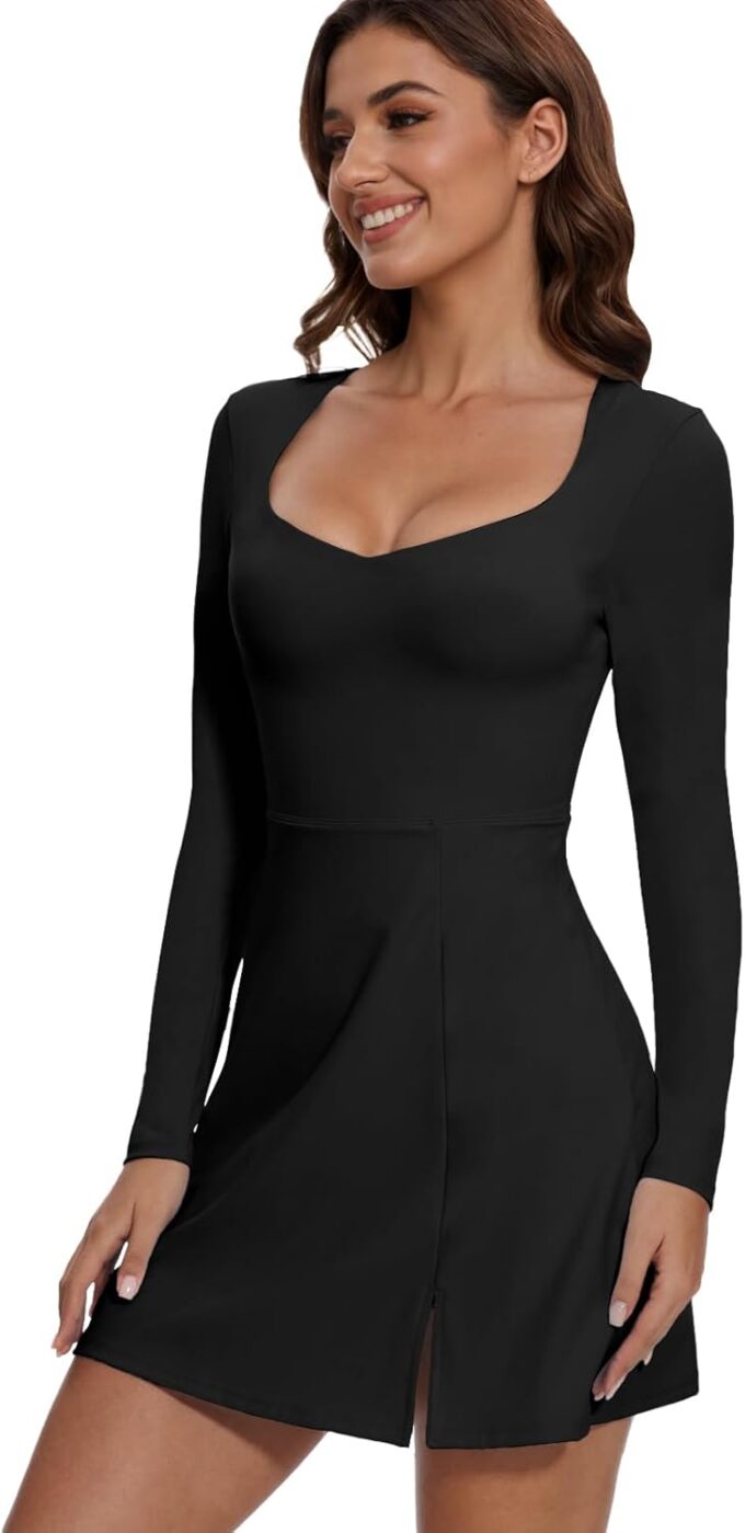 Wenlia Long Sleeve Dresses for Women 2025 Fall Women's Mini Bodycon Sweetheart Neckline Dress with Slit Built in Shorts – Bild 7