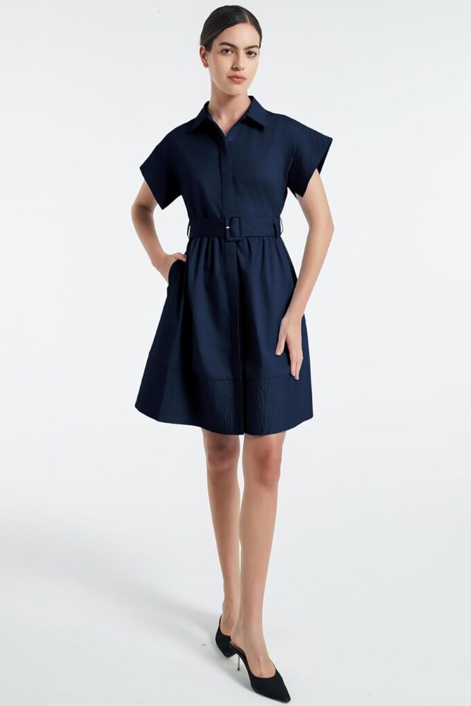 D-Sun Women Casual Button Down Shirt Dress V-Neck Short Sleeves Mini Shirt Dress Belted Short Party with Pockets – Bild 5