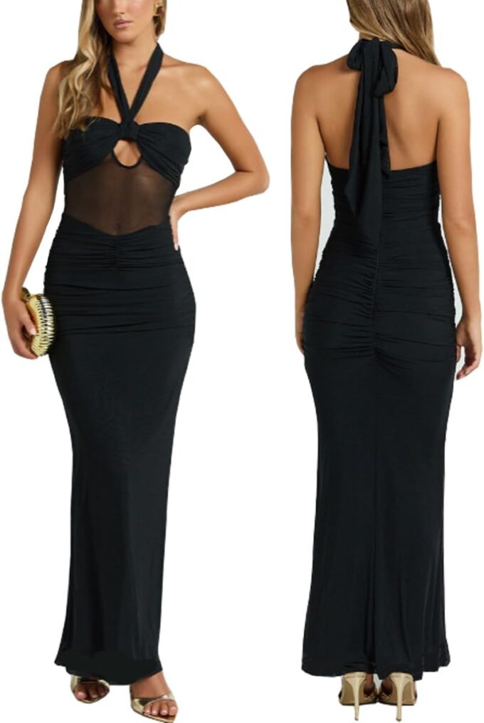 Women's Sexy Halter Backless Maxi Dress Mesh Patchwork Hollow Out Sleeveless Bodycon Ruched Cocktail Formal Long Dresses