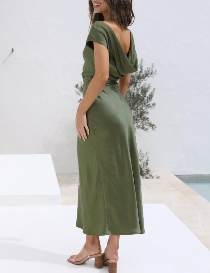 2025 Satin Cap Sleeve Cowl Back Summer Dresses for Women Elegant Ruched Waist Wedding Guest Midi Dress – Bild 3
