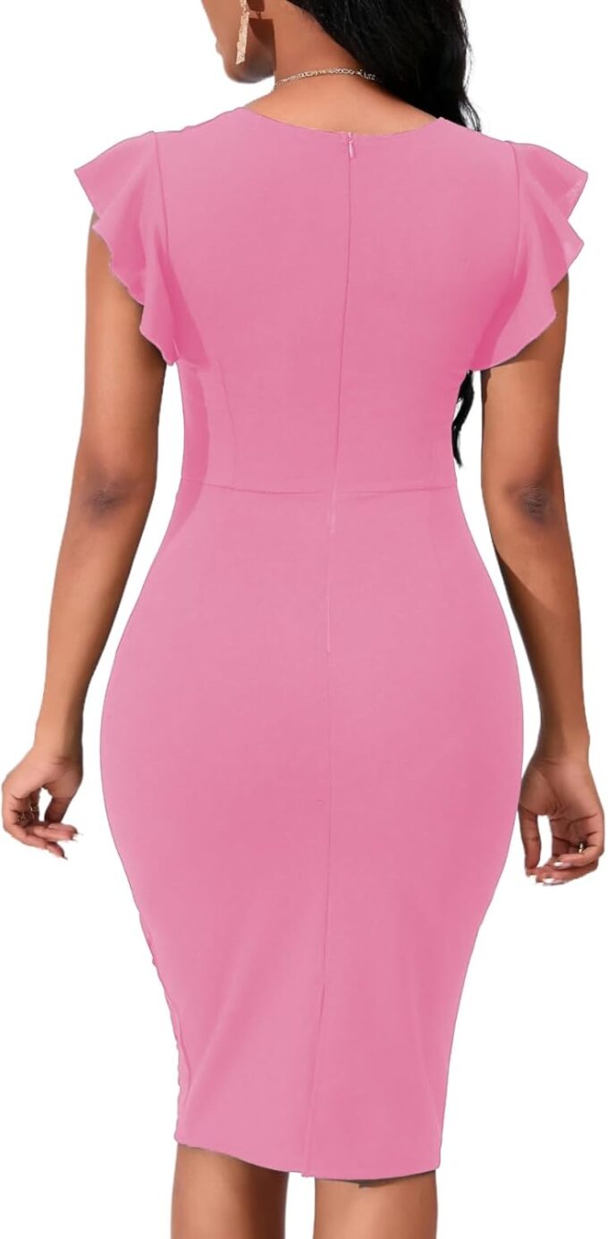 Women's 2025 Flutter Sleeve Bodycon Midi Dress Sexy Crew Neck Knit Ruffle Wear to Work Cocktail Party Pencil Dresses – Bild 6