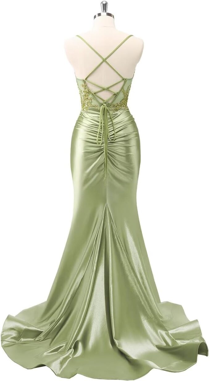 Clothfun Mermaid Spaghetti Strap Prom Dresses for Women Satin Lace Applique Ruched Evening Party Gown with Slit CY150 – Bild 2