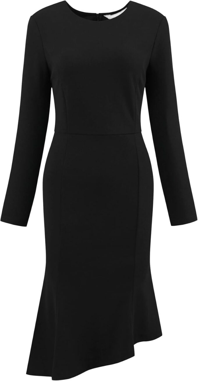 Hobemty Damen Fischschwanzkleid mit Gürtel, Rundhalsausschnitt, 3/4-Ärmel, formelles Kleid