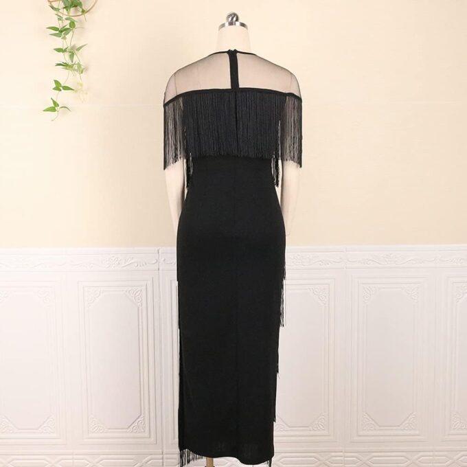 AOMEI Women's Mesh See Through Crewneck Patchwork Tassel Tiered Fringe Long Dress – Bild 4