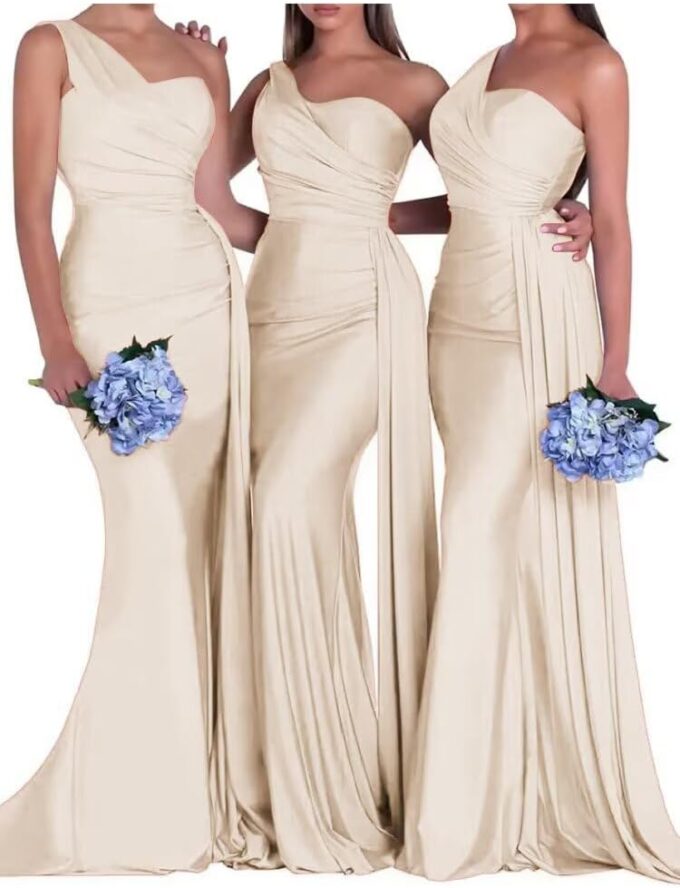 One Shoulder Bridesmaid Dresses Satin Mermaid Long Formal Dresses Pleated Prom Dress for Wedding Women