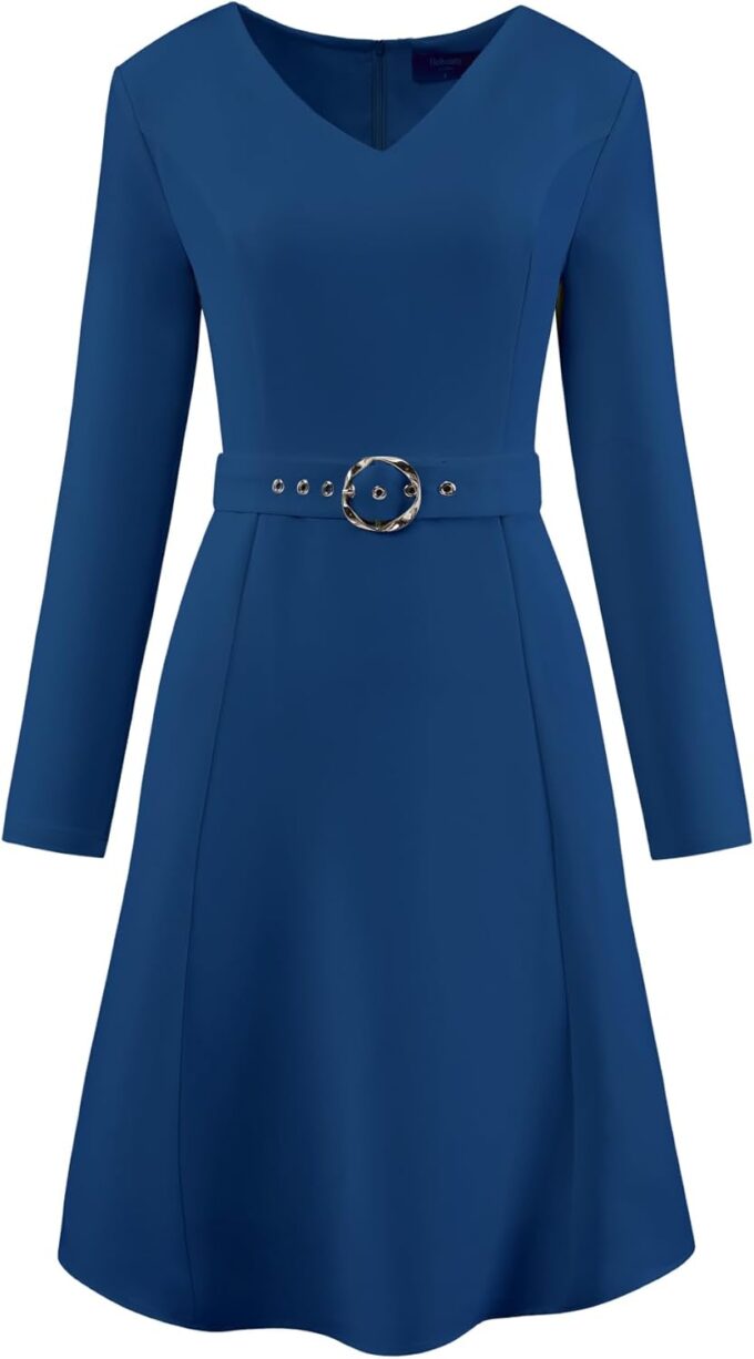 Hobemty Damen Flare Kleid V-Ausschnitt Langarm Gürtel 2024 Elegante Arbeitskleider