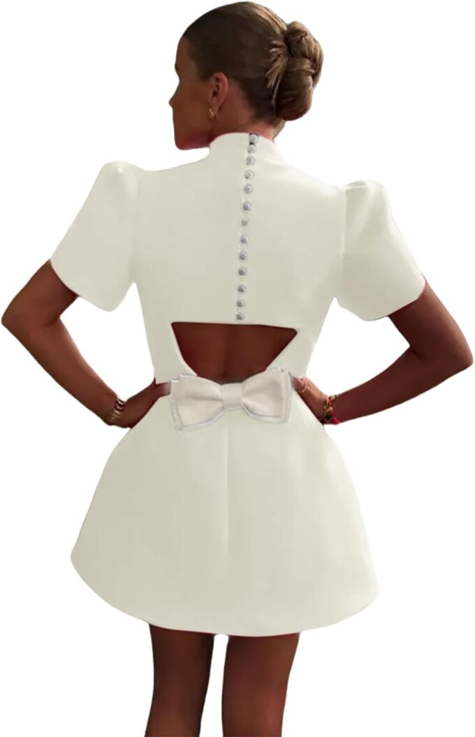 AMPOSSTO Women's Elegant Bow Backless Hollow Out Mini Dress Turtleneck Short Sleeve Pad Shoulder Dresses for Party Cocktail – Bild 5