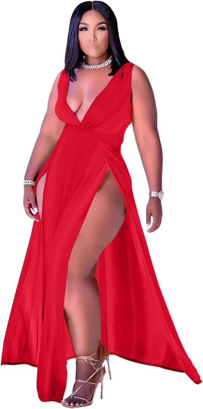 Ekaliy Women's Plus Size Sleeveless Deep V Neck Front Split Long Maxi Wrap Dress – Bild 2