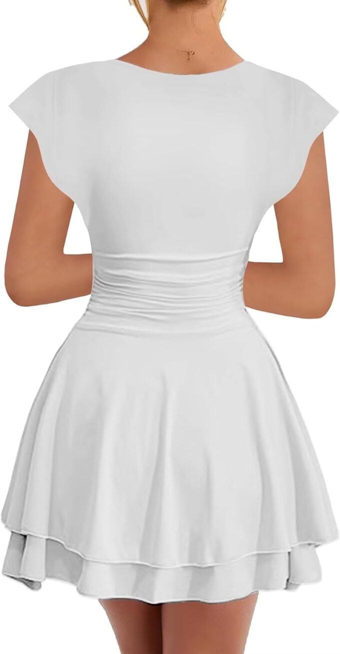 Neyaolk Women's Cap Sleeve Square Neck Ruffle Hem Mini Dress Ruched Waist Short Cocktail Party Dresses – Bild 2